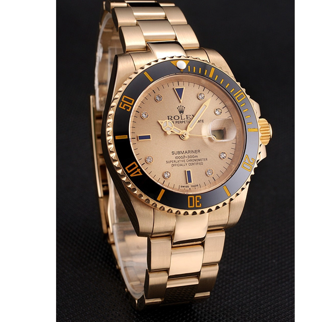 Aaa replica Black Markings Case Submariner Bracelet Bezel Diamond Yellow Dial Rolex Gold Swiss And Gold With 0718